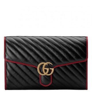 Gucci GG Marmont Black Diagonal Matelasse Quilted Leather Red Trimming Classic Brass Logo Garniture Lady Brass Chain Clutch Bag