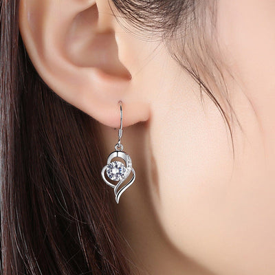 Long heart-shaped rhinestone love earrings